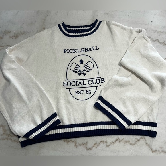 Sincerly Jules Sweaters - Sincerely Jules "Pickleball Social Club" boxy cropped sweater White/Navy